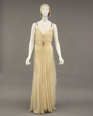 Wedding gown, silk with ostrich plume